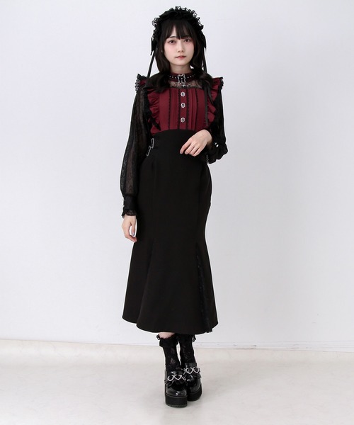 DearMyLove(ディアマイラブ)の「チョーカー風十字架チャームレースフリルマーメイドロングワンピース(ワンピース・レディース・ブラック/チェック/ボルドー・MEDIUM/LARGE/3L)」の4枚目の写真