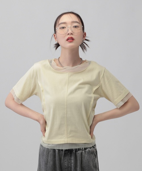 LEPSIM(レプシィム)の「チュール切り替えシャーリングT 687297(Tシャツ/カットソー・レディース・ブラック/ライトイエロー/オフホワイト・FREE)」の1枚目の写真