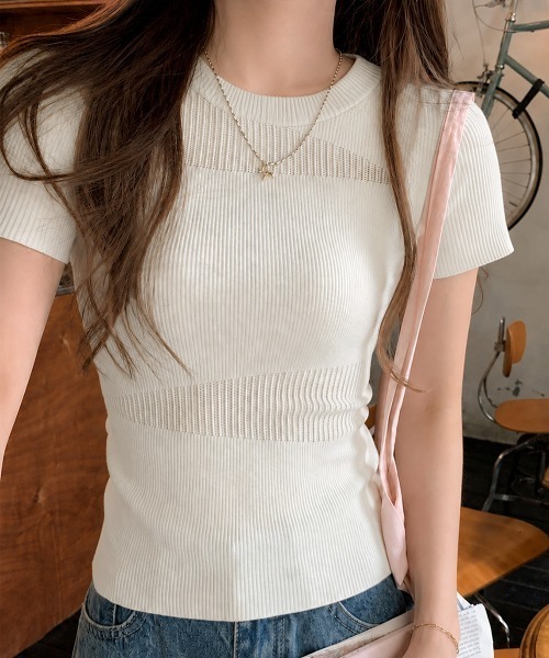Miniministore(ミニミニストア)の「デザイン編みリブニットサマートップス半袖(Tシャツ/カットソー・レディース・オフホワイト/グレー・FREE)」の3枚目の写真
