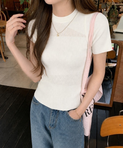 Miniministore(ミニミニストア)の「デザイン編みリブニットサマートップス半袖(Tシャツ/カットソー・レディース・オフホワイト/グレー・FREE)」の5枚目の写真
