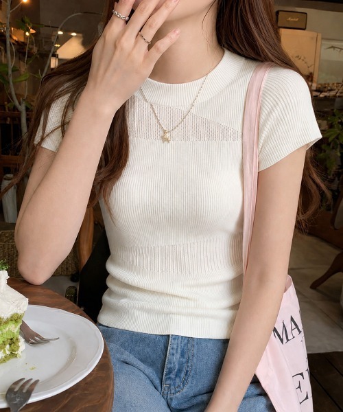 Miniministore(ミニミニストア)の「デザイン編みリブニットサマートップス半袖(Tシャツ/カットソー・レディース・オフホワイト/グレー・FREE)」の7枚目の写真
