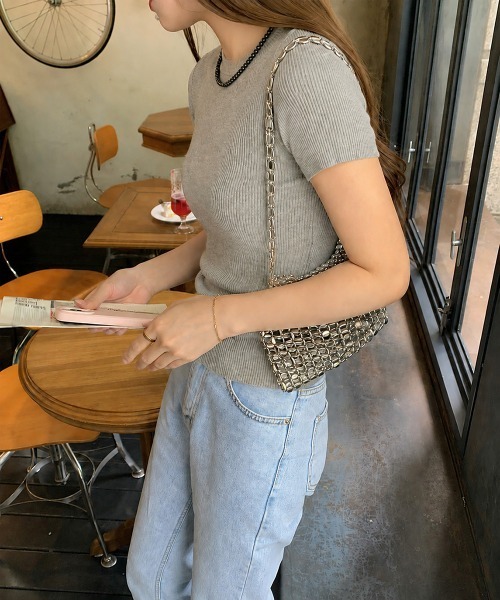 Miniministore(ミニミニストア)の「デザイン編みリブニットサマートップス半袖(Tシャツ/カットソー・レディース・オフホワイト/グレー・FREE)」の10枚目の写真