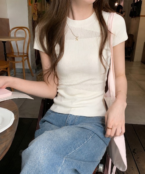 Miniministore(ミニミニストア)の「デザイン編みリブニットサマートップス半袖(Tシャツ/カットソー・レディース・オフホワイト/グレー・FREE)」の12枚目の写真