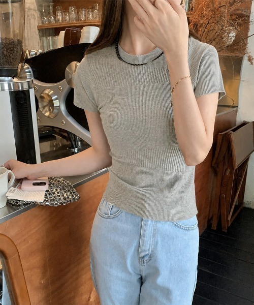 Miniministore(ミニミニストア)の「デザイン編みリブニットサマートップス半袖(Tシャツ/カットソー・レディース・オフホワイト/グレー・FREE)」の15枚目の写真
