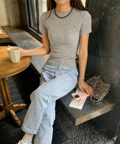 Miniministore(ミニミニストア)の「デザイン編みリブニットサマートップス半袖(Tシャツ/カットソー・レディース・オフホワイト/グレー・FREE)」の17枚目の写真