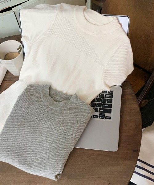 Miniministore(ミニミニストア)の「デザイン編みリブニットサマートップス半袖(Tシャツ/カットソー・レディース・オフホワイト/グレー・FREE)」の18枚目の写真