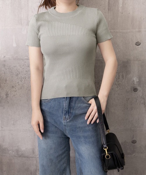 Miniministore(ミニミニストア)の「デザイン編みリブニットサマートップス半袖(Tシャツ/カットソー・レディース・オフホワイト/グレー・FREE)」の19枚目の写真
