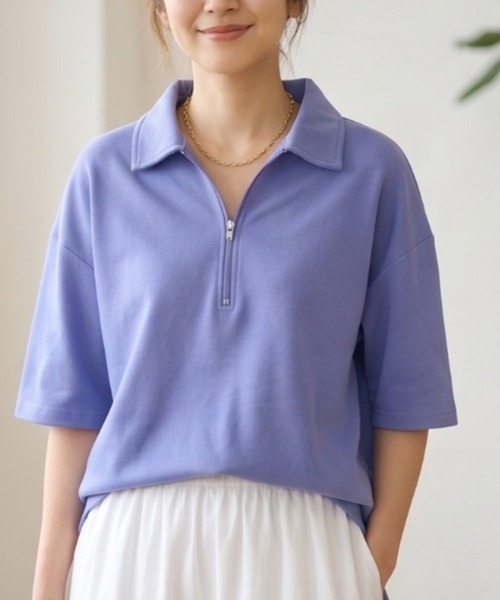 MULEXS(ミューレクス)の「シルケットコットン ゆったり ハーフジップ 半袖ポロシャツ(ポロシャツ・レディース・アイボリー/ブラック/イエロー/スカイブルー・L/M)」の15枚目の写真