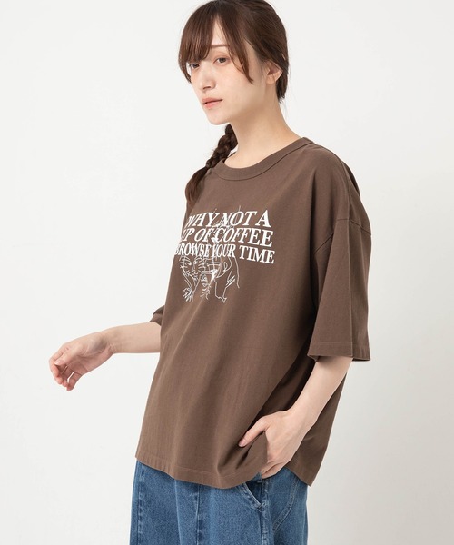 URCH RNA(アーチ アールエヌエー)の「M2659 ”猫とコーヒーどうですか”プリント半T(Tシャツ/カットソー・レディース・オフホワイト/チョコ/ブラック・FREE)」の7枚目の写真