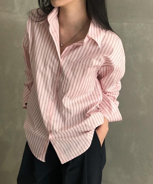 Miniministore(ミニミニストア)の「ストライプ 長袖シャツブラウスレディース(シャツ/ブラウス・レディース・ブルー/ピンク・M/L)」の2枚目の写真
