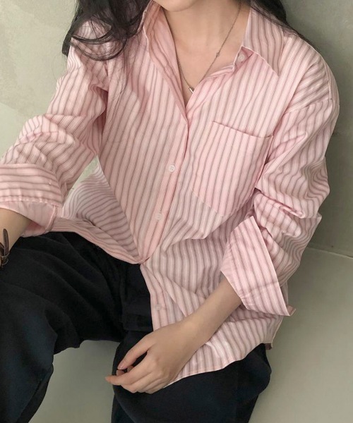 Miniministore(ミニミニストア)の「ストライプ 長袖シャツブラウスレディース(シャツ/ブラウス・レディース・ブルー/ピンク・M/L)」の4枚目の写真