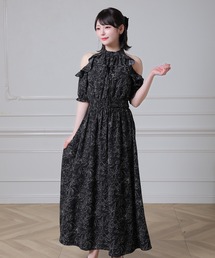 花柄 肩あき フリル ロング ワンピース