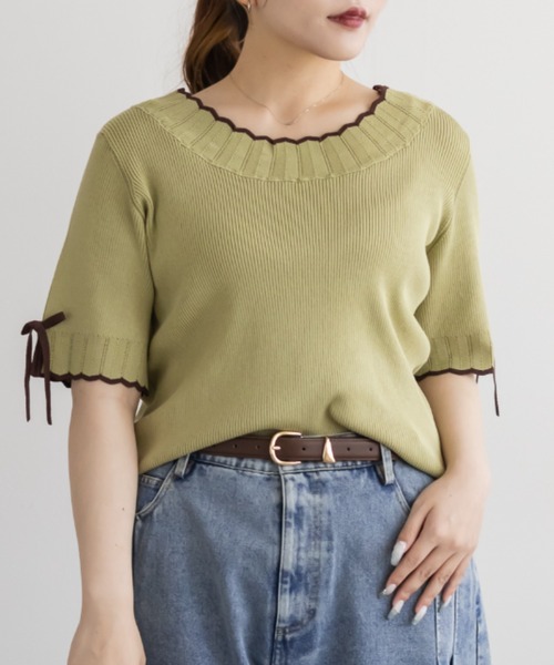 CLETTE（クレット）の「CLETTEオリジナルバイカラースカラップヘムリボンニット（ニット/セーター・レディース・ブラック/グリーン/チャコールグレー・4L/LL/3L）」の3枚目の写真