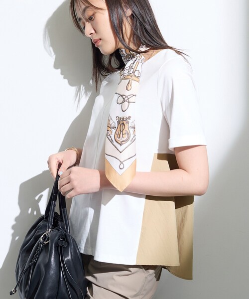 INDIVI（インディヴィ）の「【バックシャン】異素材ドッキングプルオーバー（Tシャツ/カットソー・レディース・ホワイト系7/オフホワイト/ブラック/サックスブルー・38/15 /13/34/05）」の2枚目の写真