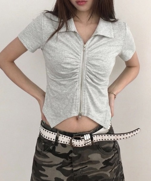 LADY LIKE(レディライク)の「【春夏新作】フロントギャザーダブルジップ半袖トップス(Tシャツ/カットソー・レディース・グレー/ホワイト/ブラック・M)」の9枚目の写真