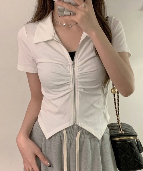 LADY LIKE(レディライク)の「【春夏新作】フロントギャザーダブルジップ半袖トップス(Tシャツ/カットソー・レディース・グレー/ホワイト/ブラック・M)」の5枚目の写真