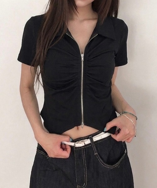 LADY LIKE(レディライク)の「【春夏新作】フロントギャザーダブルジップ半袖トップス(Tシャツ/カットソー・レディース・グレー/ホワイト/ブラック・M)」の6枚目の写真