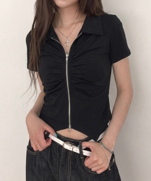 LADY LIKE(レディライク)の「【春夏新作】フロントギャザーダブルジップ半袖トップス(Tシャツ/カットソー・レディース・グレー/ホワイト/ブラック・M)」の7枚目の写真