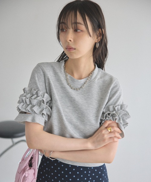 &. NOSTALGIA（アンドドットノスタルジア）の「ダブルフリルスリーブトップス（Tシャツ/カットソー・レディース・ホワイト/グレー・M）」の10枚目の写真