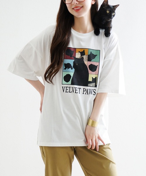e-zakkamania stores(イーザッカマニアストアーズ)の「キャットグラフィック ビッグシルエットTシャツ(Tシャツ/カットソー・レディース・レッド/ブラック/オフホワイト・フリー)」の2枚目の写真