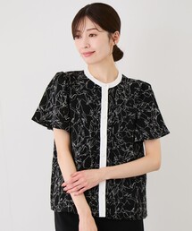 半袖配色ノーカラーフロントタックブラウス