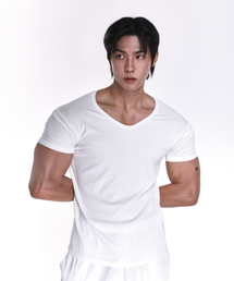リブドテンセルモーダルUネックマッスルフィット半袖Tシャツ(ホワイト)