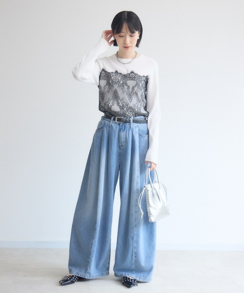 Paradise Picnic（パラダイスピクニック）の「ROSIEE  レースビスチェ風リブニット（ニット/セーター・レディース・ホワイト/チャコールグレー・FREE）」の10枚目の写真
