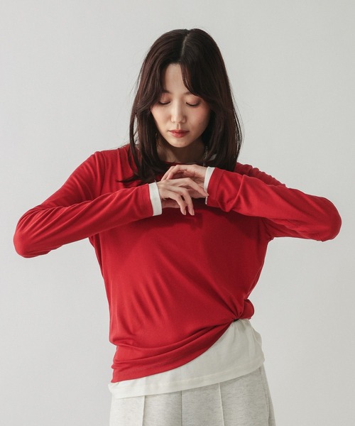 GLOBAL WORK（グローバルワーク）の「シルクブレンドクループルオーバー長袖/1051637（Tシャツ/カットソー・レディース・オフホワイト/パープル系7/杢グレー/レッド/ブラック・MEDIUM/LARGE）」の5枚目の写真
