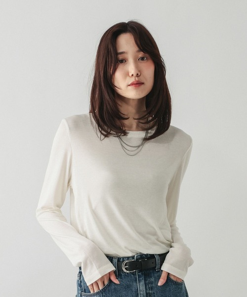 GLOBAL WORK（グローバルワーク）の「シルクブレンドクループルオーバー長袖/1051637（Tシャツ/カットソー・レディース・オフホワイト/パープル系7/杢グレー/レッド/ブラック・MEDIUM/LARGE）」の2枚目の写真