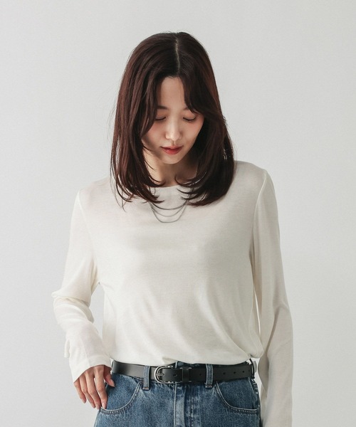 GLOBAL WORK（グローバルワーク）の「シルクブレンドクループルオーバー長袖/1051637（Tシャツ/カットソー・レディース・オフホワイト/パープル系7/杢グレー/レッド/ブラック・MEDIUM/LARGE）」の16枚目の写真