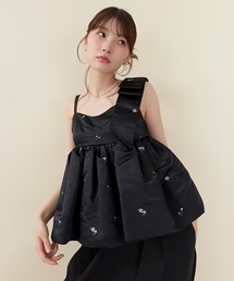 ボリュームリボン花柄刺繍ペプラムセットアップ パーティー 結婚式 お呼ばれ オケージョン デイリー