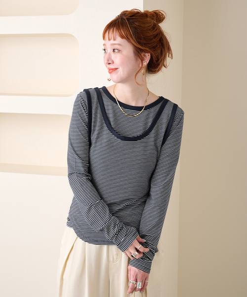 B.C STOCK(ベーセーストック)の「【ZOZO先行販売】《2枚セット》Gleamy / グリーミー ボーダーカットソー+タンク(Tシャツ/カットソー・レディース・ピンク系その他/ネイビー/レッド/ブラウン・FREE)」の2枚目の写真