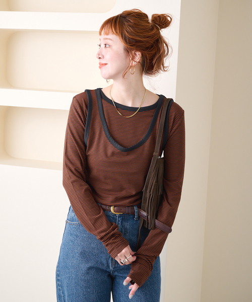 B.C STOCK(ベーセーストック)の「【ZOZO先行販売】《2枚セット》Gleamy / グリーミー ボーダーカットソー+タンク(Tシャツ/カットソー・レディース・ピンク系その他/ネイビー/レッド/ブラウン・FREE)」の9枚目の写真