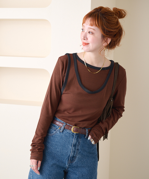 B.C STOCK(ベーセーストック)の「【ZOZO先行販売】《2枚セット》Gleamy / グリーミー ボーダーカットソー+タンク(Tシャツ/カットソー・レディース・ピンク系その他/ネイビー/レッド/ブラウン・FREE)」の10枚目の写真