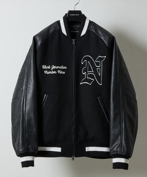 『』　トラックジャケット　レザーライク　刺繍ロゴ　オールブラック　M RAGLAN SLEEVE PATCHED ZIPPER STADIUM JACKET / ラグランスリーブ