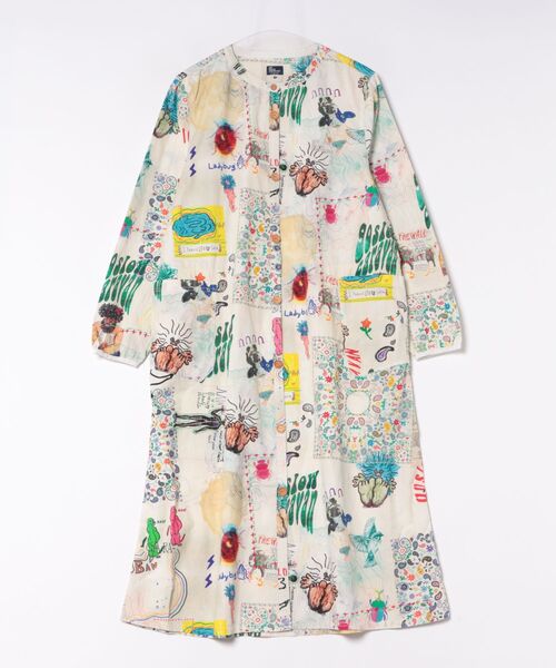 go slow caravan(ゴースローキャラバン)の「オリジナル総柄Pt ノーカラー ロングシャツ ワンピース W(シャツワンピース・レディース・ブラック/ホワイト・FREE)」の1枚目の写真