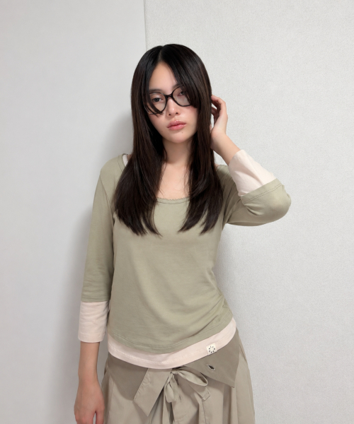 LO AXUAL(ロ・アクシュアル)の「ピコット レイヤードトップ_セージ グリーン(Tシャツ/カットソー・レディース・その他・FREE)」の1枚目の写真