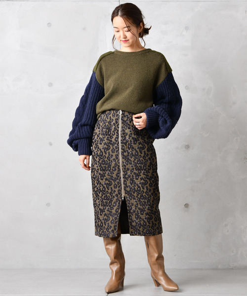 DouDou（ドゥドゥ）の「ヒョウ柄ジャガードスカート（スカート・レディース・オフホワイト/カーキ・36/38）」の12枚目の写真