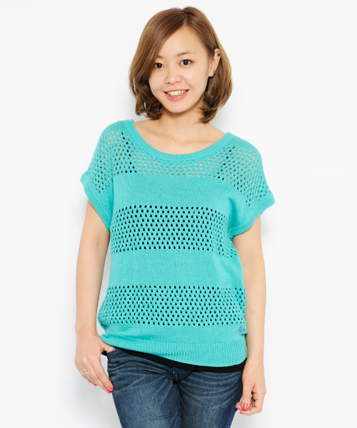 X-girl(エックスガール)の「MESH BORDER KNIT TOP(ニット/セーター・レディース・ホワイト/ブラック/グリーン・2/1)」の3枚目の写真
