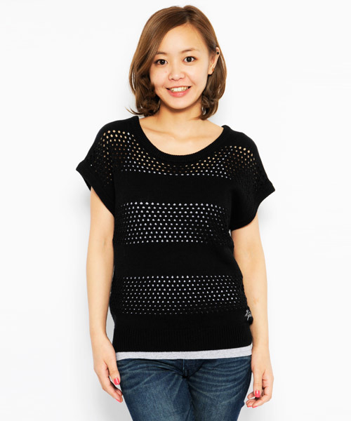 X-girl(エックスガール)の「MESH BORDER KNIT TOP(ニット/セーター・レディース・ホワイト/ブラック/グリーン・2/1)」の2枚目の写真