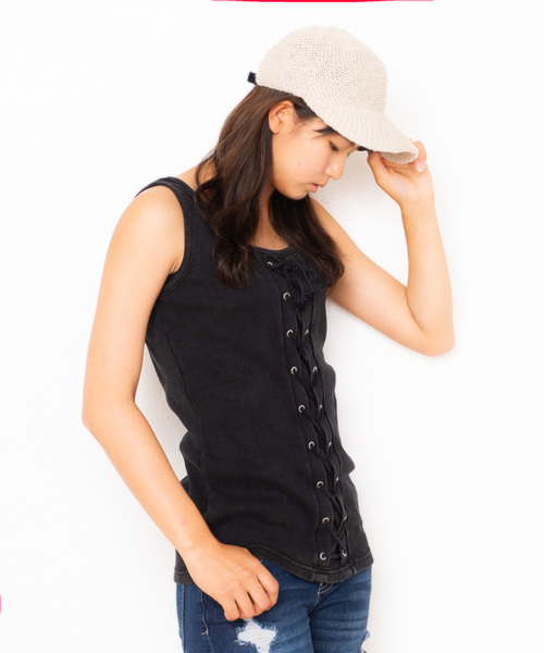 GGD SELECT（ジージーディー　セレクト）の「Roger&Raw/リブ編み上げタンク（タンクトップ・レディース・ホワイト/ブラック/カーキ・M）」の2枚目の写真