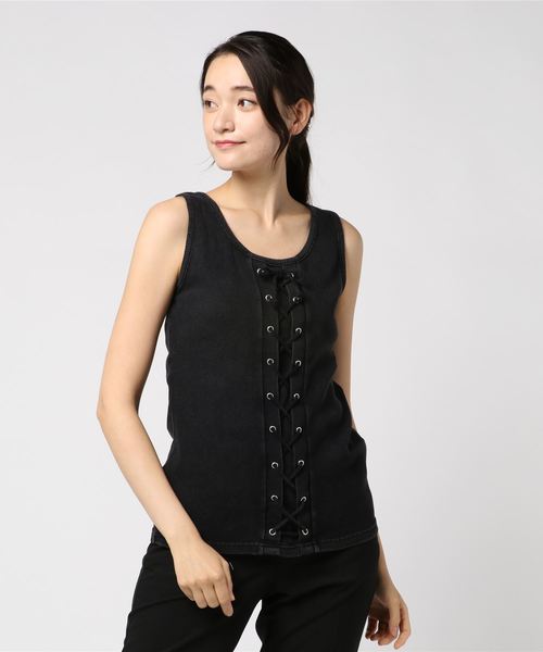 GGD SELECT（ジージーディー　セレクト）の「Roger&Raw/リブ編み上げタンク（タンクトップ・レディース・ホワイト/ブラック/カーキ・M）」の7枚目の写真