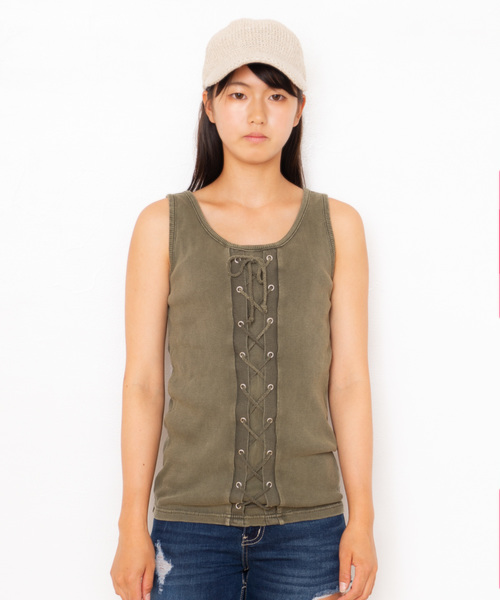 GGD SELECT（ジージーディー　セレクト）の「Roger&Raw/リブ編み上げタンク（タンクトップ・レディース・ホワイト/ブラック/カーキ・M）」の9枚目の写真