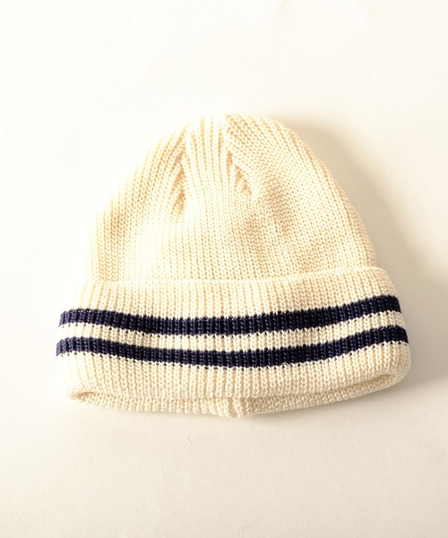 JABURO（ジャブロー）の「JABURO コットン&アクリル 2本ライン入りショートニットキャップ（ニットキャップ/ビーニー・メンズ・ホワイト系その他/ブラック系その他/グレー系その他/ブラウン系その他/ベージュ系その他/ブルー系その他/レッド系その他・FREE）」の2枚目の写真