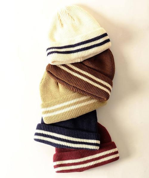 JABURO（ジャブロー）の「JABURO コットン&アクリル 2本ライン入りショートニットキャップ（ニットキャップ/ビーニー・メンズ・ホワイト系その他/ブラック系その他/グレー系その他/ブラウン系その他/ベージュ系その他/ブルー系その他/レッド系その他・FREE）」の9枚目の写真