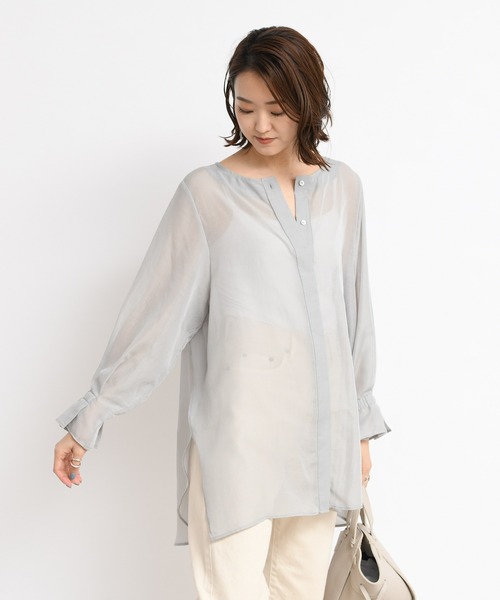 DouDou（ドゥドゥ）の「サイドスリットシアーシャツ（シャツ/ブラウス・レディース・ホワイト/モスグリーン・FREE）」の8枚目の写真