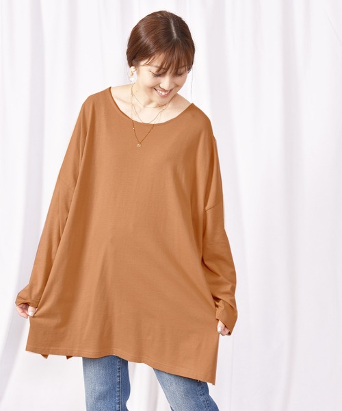 LEAD（リード）の「コットン100％シンプル長袖ゆったりカットソートップス（Tシャツ/カットソー・レディース・ブラック/ネイビー/オフホワイト/カーキ/キャメル/ライトアッシュグレー・FREE）」の6枚目の写真