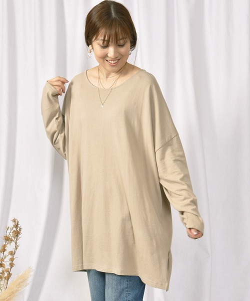 LEAD（リード）の「コットン100％シンプル長袖ゆったりカットソートップス（Tシャツ/カットソー・レディース・ブラック/ネイビー/オフホワイト/カーキ/キャメル/ライトアッシュグレー・FREE）」の4枚目の写真