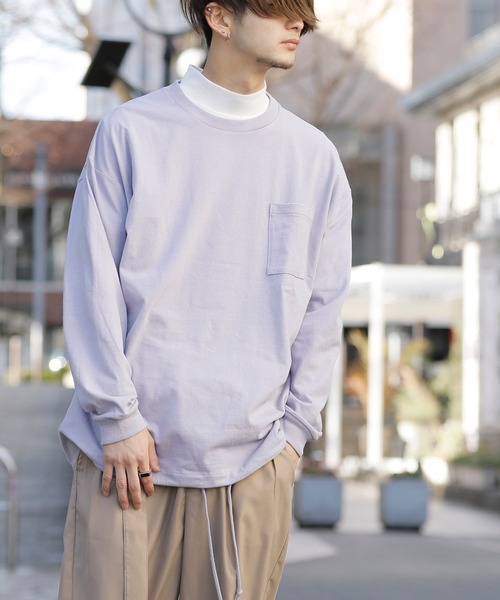 Beno(ビーノ)の「USAコットン ヘビー天竺 裾スピンドル ルーズシルエット ポケット ロングスリーブTEE(Tシャツ/カットソー・メンズ・オフホワイト/グレイッシュブルー/ブルーグリーン/サンドベージュ/ラベンダー/ブラック・FREE)」の6枚目の写真