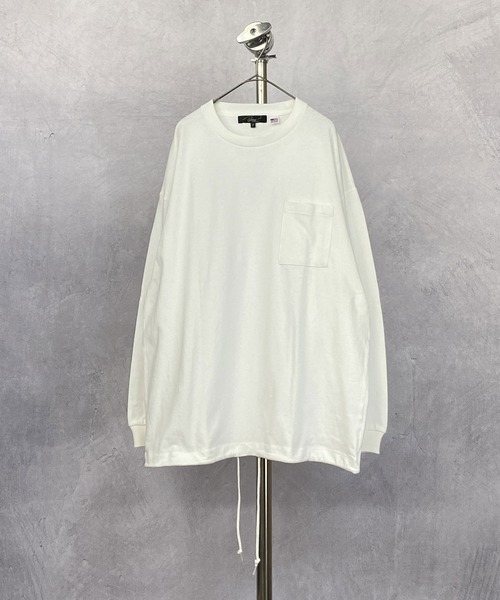 Beno(ビーノ)の「USAコットン ヘビー天竺 裾スピンドル ルーズシルエット ポケット ロングスリーブTEE(Tシャツ/カットソー・メンズ・オフホワイト/グレイッシュブルー/ブルーグリーン/サンドベージュ/ラベンダー/ブラック・FREE)」の2枚目の写真